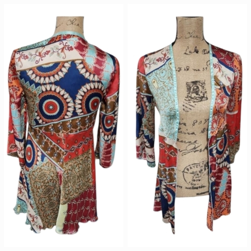 Cabi red orange and blue boho farm vibes kimono WRAP 70S 60S size XS
